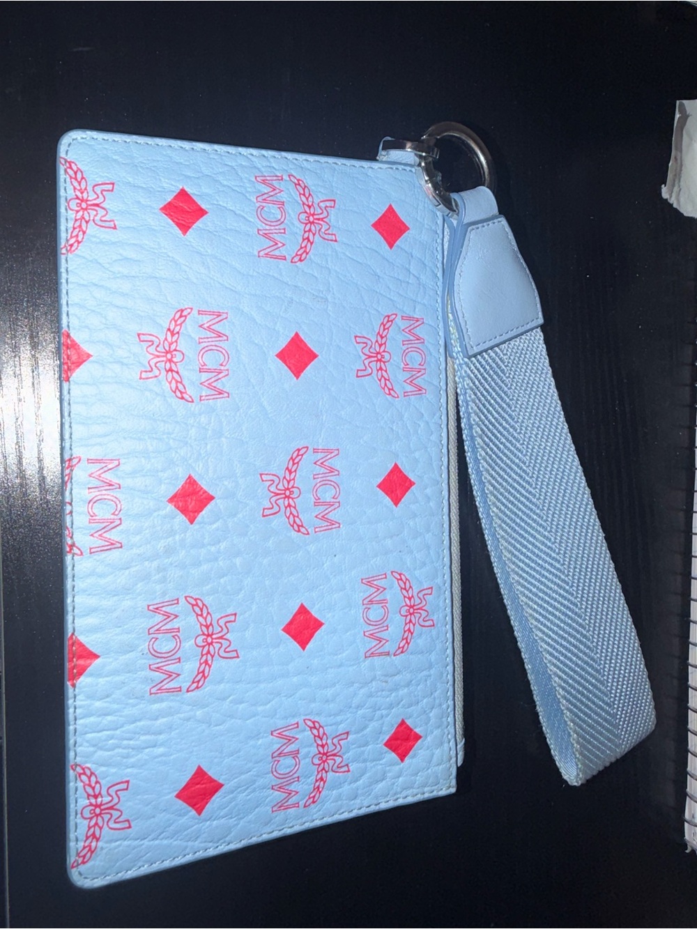 MCM Sky Blue Wristlet with Pink Logo Accents